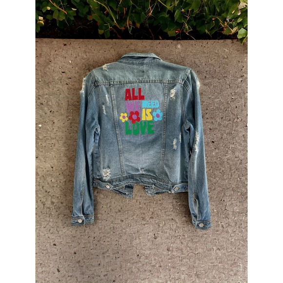 Boom Boom Jeans Distressed Denim Home embroidered All We Need is Love Size large - Picture 4 of 4